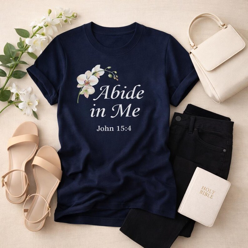 Abide in me christian shirt flat lay aesthetic navy tee floral bible verse gift for women