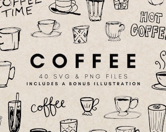 Imágenes prediseñadas de café dibujadas a mano: Latte, Espresso, Café helado (PNG, SVG)
