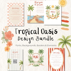 Whimsical Hand Drawn Wedding Borders, Watercolor Tropical Invitation Frames, Striped Background & Doodle Clipart, Coastal Summer Wedding Set
