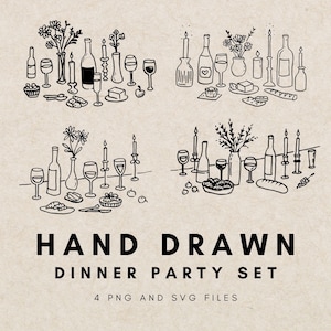 Prova di matrimonio disegnata a mano, illustrazione di cibo, cibo italo-francese, clipart di decorazioni con vino, apparecchiatura personalizzata per la tavola da pranzo