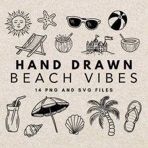 Pacote de clipart de praia desenhado à mão, vibrações de praia de rabiscos, rabisco de Sharpie de verão ensolarado, ilustração de design gráfico, PNG SVG transparente