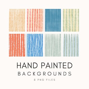 May include: Set of eight hand-painted digital backgrounds featuring striped patterns in various colours, including blue, green, red, and yellow.  HAND PAINTED BACKGROUNDS 8 PNG FILES