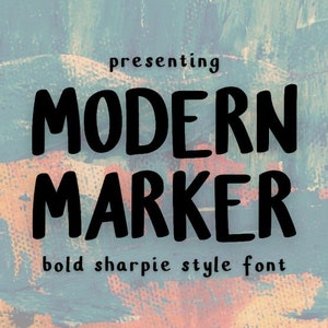 May include: A graphic design image with a blue, pink, and yellow background. The text "presenting MODERN MARKER bold sharpie style font" is displayed in black.