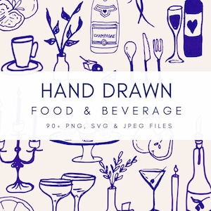 Hand Drawn Food Beverage Images, Illustration Coffee Drink, Food Wine Clipart, Table Setting Clipart