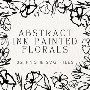 手描きのインクの花のクリップアート、抽象的な線画の花の PNG SVG、花のペイントイラスト、葉のイラスト