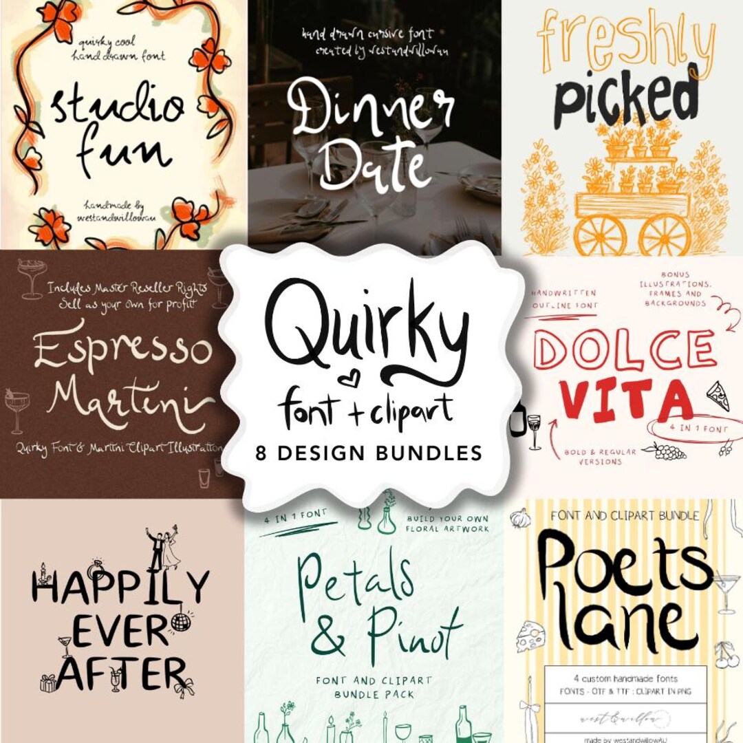 Quirky Handwritten Wedding Font, Clipart Bundle | Whimsical Script Font ...