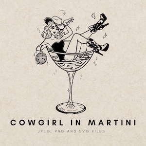 Mão desenhada cowgirl ocidental desenho animado ilustração de copo de martini SVG PNG, ícone de festa discoteca de cowgirl solteira, clipart de copo de martini