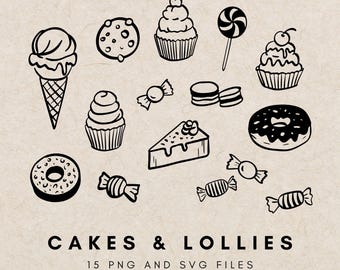Hand-Drawn Dessert Clipart: Sweet Food Bundle Illustration, Ice Cream, Lollipops, Cupcakes, Lollies, Dounut Clipart