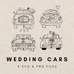 Ilustración de coche de bodas para recién casados, icono de coche nupcial, icono de clip art de coche nupcial dibujado a mano peculiar, contorno de coche de bodas caprichoso