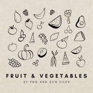 Handgezeichnete Bilder von Obst und Gemüse, Bildmotiven, Essen Illustration Clipart, Logo-Design, SVG Vektor Illustration, Gesundes, frisches Essen, Vegan