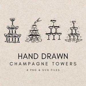 Illustrazione della torre di champagne per la carta di invito di nozze, clipart grafico del bicchiere di champagne, prova di nozze della doccia nuziale SVG PNG