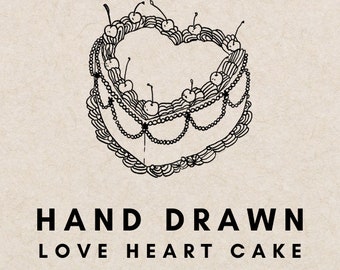 Love Heart Wedding Cake Illustration, Heart Outline, Hand Drawn Wedding Cake, Traditional Rococo Cake Digital Art, Bespoke Cake Clipart,