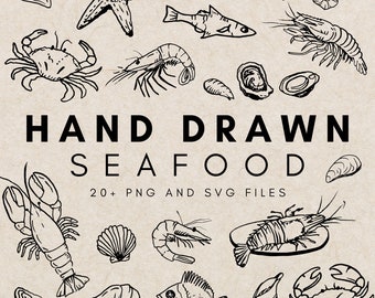 Hand Drawn Seafood Clipart, Lobster Crab Food, Shrimp Oysters Clipart, Food Clipart Illustrations, Crawfish Boil, Scribble Food Clipart