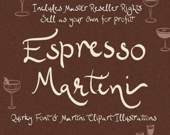Quirky Handwriting Wedding Font, Cursive Calligraphy Font Clipart Bundle, Cocktail Espresso Martini Clipart Font Bundle, Martini Birthday