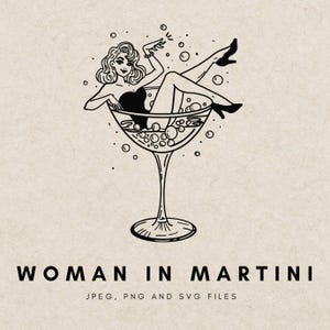 Ilustración SVG PNG de mujer en copa de martini dibujada a mano, contorno de icono de despedida de soltera, clipart de copa de champán, símbolo de boda