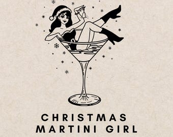 Söt jultomteflicka, jultomtekvinna i martiniglas-illustration, julfestikonkontur, martiniglas-clipart, julflicka