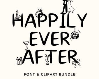 Handwriting Font Clipart Bundle, Modern Cute Wedding Illustrations, Party Icons, Wedding Invitation, Handwritten Scribble Font Drawing