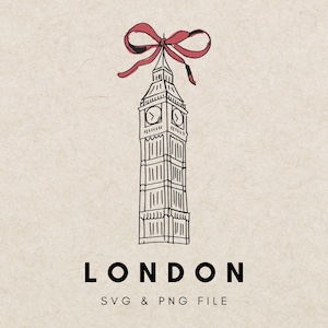 Big Ben Clipart: Handdrawn London Tower with Ribbon Bow (PNG, SVG)