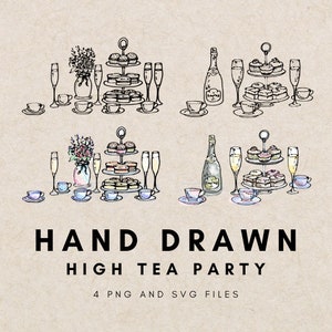 Könnte beinhalten: Vier handgezeichnete Illustrationen von Szenen einer High-Tea-Party. Jede Szene zeigt einen dreistöckigen Kuchenständer mit Cupcakes und Gebäck, Champagnerflaschen, Champagnerflöten und Teetassen. Die Illustrationen sind in Schwarzweiß mit Aquarell-Akzenten.