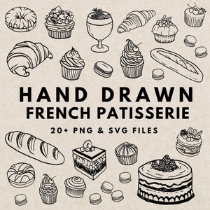 Cibo da forno francese disegnato a mano, Clipart di cibo di pasticceria francese, Panetteria francese, Clipart di cupcake dolce, Clipart di cibo scarabocchiato
