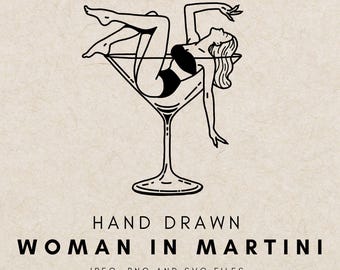 Hand Drawn Woman in Martini Glass Illustration SVG PNG, Bachelorette Party Icon Outline, Espresso Martini Glass Clipart, Wedding Symbol