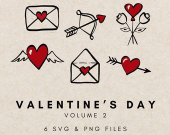 Könnte beinhalten: Digitales Kunstwerk zum Valentinstag mit sechs handgezeichneten Illustrationen. Die Designs umfassen Herzen, Pfeile, Umschläge, einen Pfeil und Bogen sowie Rosen. Der Text "VALENTINE'S DAY VOLUME 2" wird darunter zusammen mit "6 SVG & PNG FILES" angezeigt.