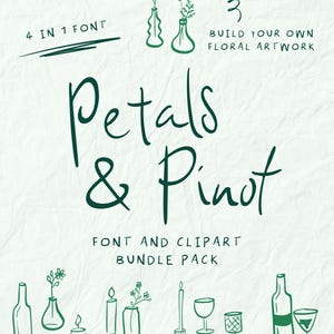 Quirky Handwriting Wedding Font, Bold Font Bundle, Cursive Font, Handwritten Invite, Whimsical Cocktail Martini Candle Clipart, Floral Art