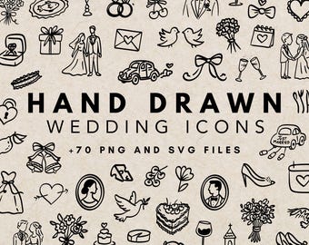 Puede incluir: Ilustración en blanco y negro de iconos de boda dibujados a mano. La imagen incluye dibujos de anillos de boda, una novia y un novio, una tarta de boda y otros símbolos relacionados con bodas. El texto dice "HAND DRAWN WEDDING ICONS +70 PNG AND SVG FILES."