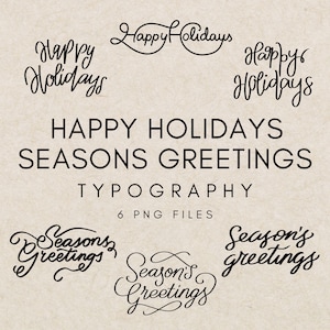 Może przedstawiać: Sześć czarno-białych projektów typograficznych na święta. Projekty obejmują "Wesołych Świąt", "Sezonowe Pozdrowienia" i "Sezonowe Pozdrowienia".