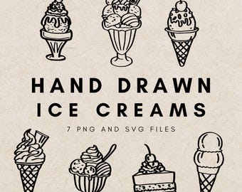 Ręcznie rysowane lody, obrazek z lodami sundae, ilustracja deseru, clipart jedzenia, fantazyjne, dziwaczne cliparty, rożek lodowy