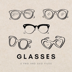 Könnte beinhalten: Schwarz-weiße Illustration von fünf verschiedenen Brillenstilen. Das Wort „GLASSES“ steht in fetter Schrift unter den Brillen. Der Text „5 PNG AND SVG FILES“ steht darunter.