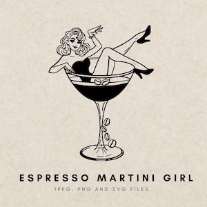 Illustrazione di donna dei cartoni animati disegnata a mano in un bicchiere da Martini espresso SVG PNG, contorno dell'icona dell'addio al nubilato, clipart del cocktail, simbolo del matrimonio