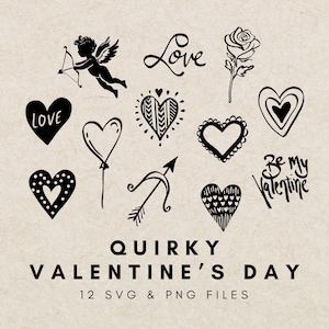 Love Hearts Valentine Clipart Digital Download, Cupid Angel Rose Archery Bow Arrow Art, Valentine&#39;s Day PNG SVG Handdrawn Art