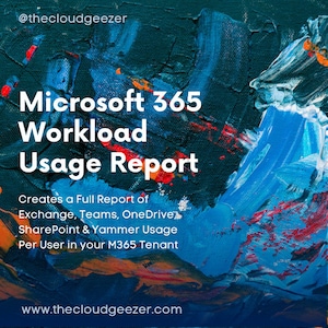 Puede incluir: Una pintura abstracta azul, roja y amarilla con el texto "Microsoft 365 Workload Usage Report" en blanco. El texto debajo del título dice "Crea un informe completo de Exchange, Teams, OneDrive, SharePoint & Yammer Usage Por usuario en tu inquilino M365". La dirección del sitio web "www.thecloudgeezer.com" está en la parte inferior de la imagen.