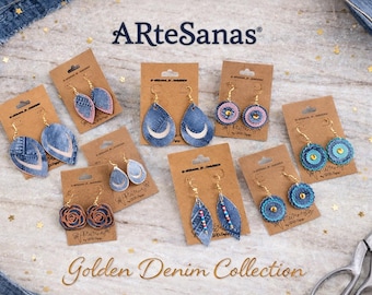 Pendientes de piel sintética vaquera de la colección Golden Denim de ARteSanas – Chapados en oro de 14 quilates, joyería ligera y llamativa.