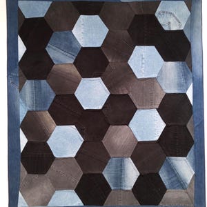 Denim Patchwork Rug – Recycled Jeans Geometric Hexagon Area Floor Rug