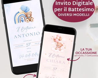 Invito Digitale pronto all'uso per Festa a tema orsetto per BAMBINA o BAMBINO, invito digitale battesimo, compleanno, comunione, cresima