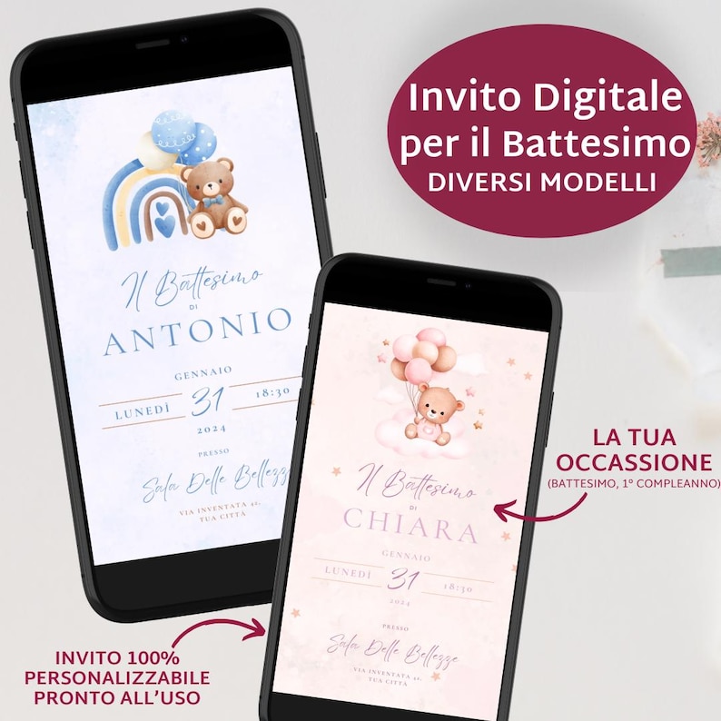 Due versioni dell'invito digitale cn la possibilità della personalizzazione al 100%