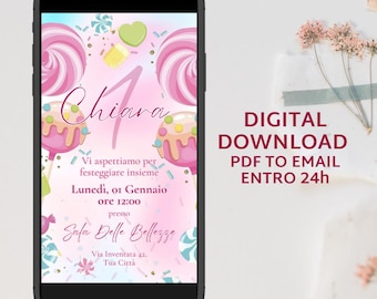 Invito Digitale per Festa a tema Candyland DOLCETTI per BAMBINA, invito festa battesimo, compleanno, comunione, cresima. Invitación única Candy