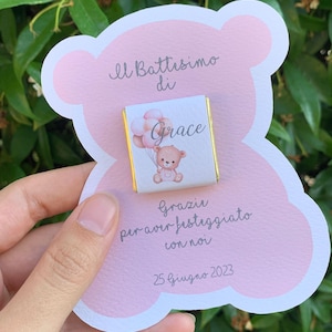 Segnaposto con ciocolatino a forma orsetto. Segnaposti per il Battesimo, Nascita, Compleanno
