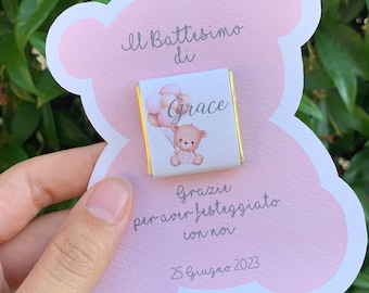 Segnaposto con ciocolatino a forma orsetto. Segnaposti per il Battesimo, Nascita, Compleanno