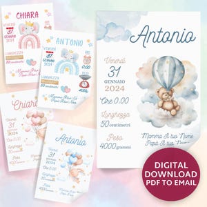 Quadro Nascita Personalizzato a tema Elefante, orsetto e coniglietto Maschietto o Feminuccia. File digitale pronto per stampa A4 o A3