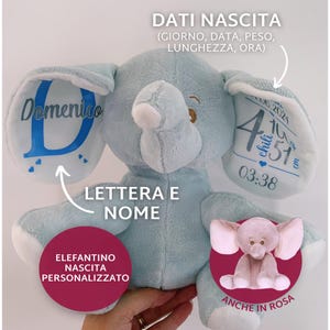 Peluche Elefante nascita personalizzato. Regalo bambino personalizzato statistiche nascita elefantino. Quadro nascita coordonné à Omaggio