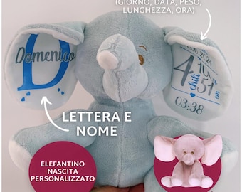 Peluche Elefante nascita personalizzato. Regalo bambino personalizzato statistiche nascita elefante. Quadro nascita coordinato in omaggio