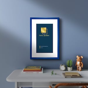 Marco de fotos azul con cartón para paspartú - A2, A3, A4, A5, A6 / Marco de póster, fotografía o diploma de tamaño personalizado / Marco de madera fino de 14 mm con paspartú