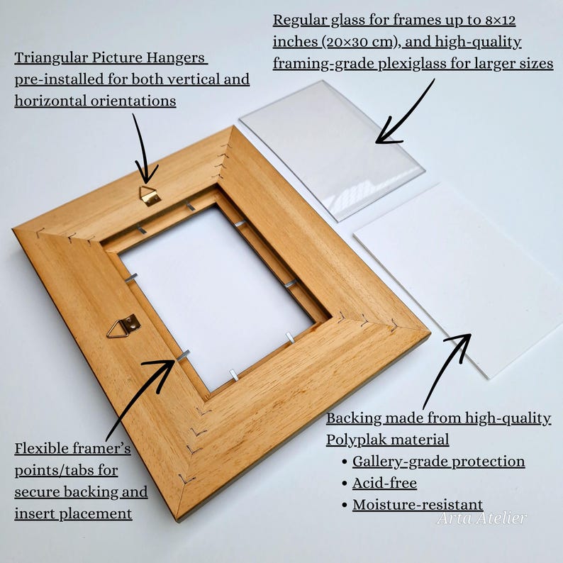May include: A wooden picture frame with a clear glass insert. The frame has triangular picture hangers pre-installed for both vertical and horizontal orientations. The frame also has flexible framer's points/tabs for secure backing and insert placement. The backing is made from high-quality Polyplak material, which is gallery-grade, acid-free, and moisture-resistant.