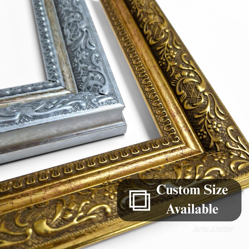 May include: Two ornate picture frames, one silver and one gold, with intricate floral designs. The gold frame has the text "Custom Size Available" printed on it.