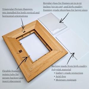 May include: A wooden picture frame with pre-installed triangular hangers for vertical and horizontal orientations. Includes regular glass for frames up to 8x12 inches and high-quality plexiglass. Features flexible framer's points and Polyplak backing.