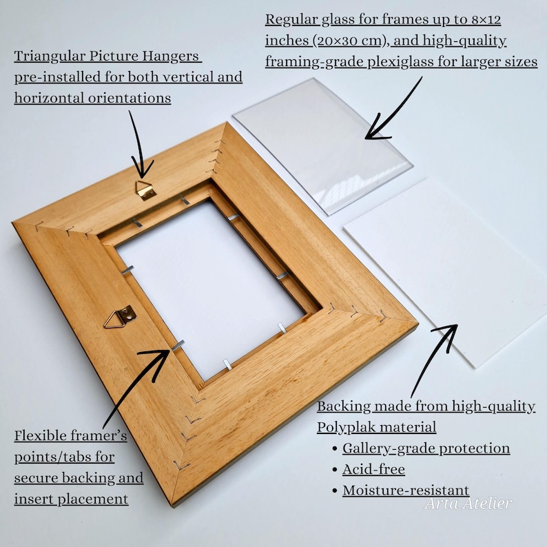 May include: A wooden picture frame with pre-installed triangular hangers for vertical and horizontal orientations. Includes regular glass for frames up to 8x12 inches and high-quality plexiglass. Features flexible framer's points and Polyplak backing.