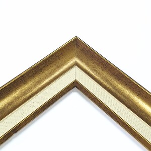 May include: Close-up of a gold picture frame with a white inner border. The frame has a textured surface and a beveled edge.